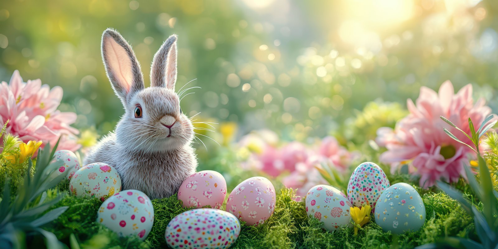 Cute rabbit surrounded by colorful Easter eggs and blooming flowers in a sunny garden setting